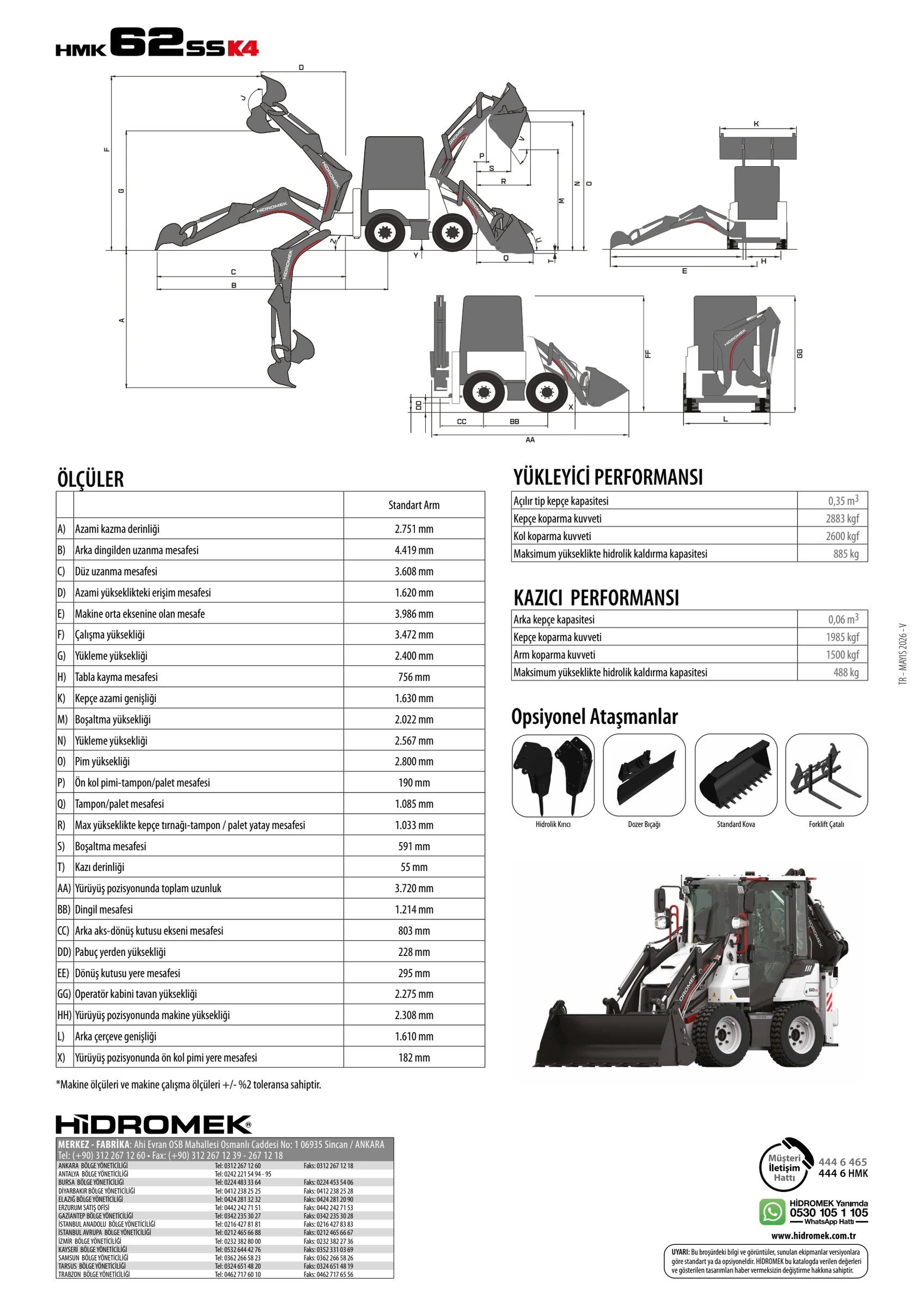 Hidromek HMK 62 SS K4 teknik ölçü çizimleri ve kazıcı-yükleyici performans tabloları