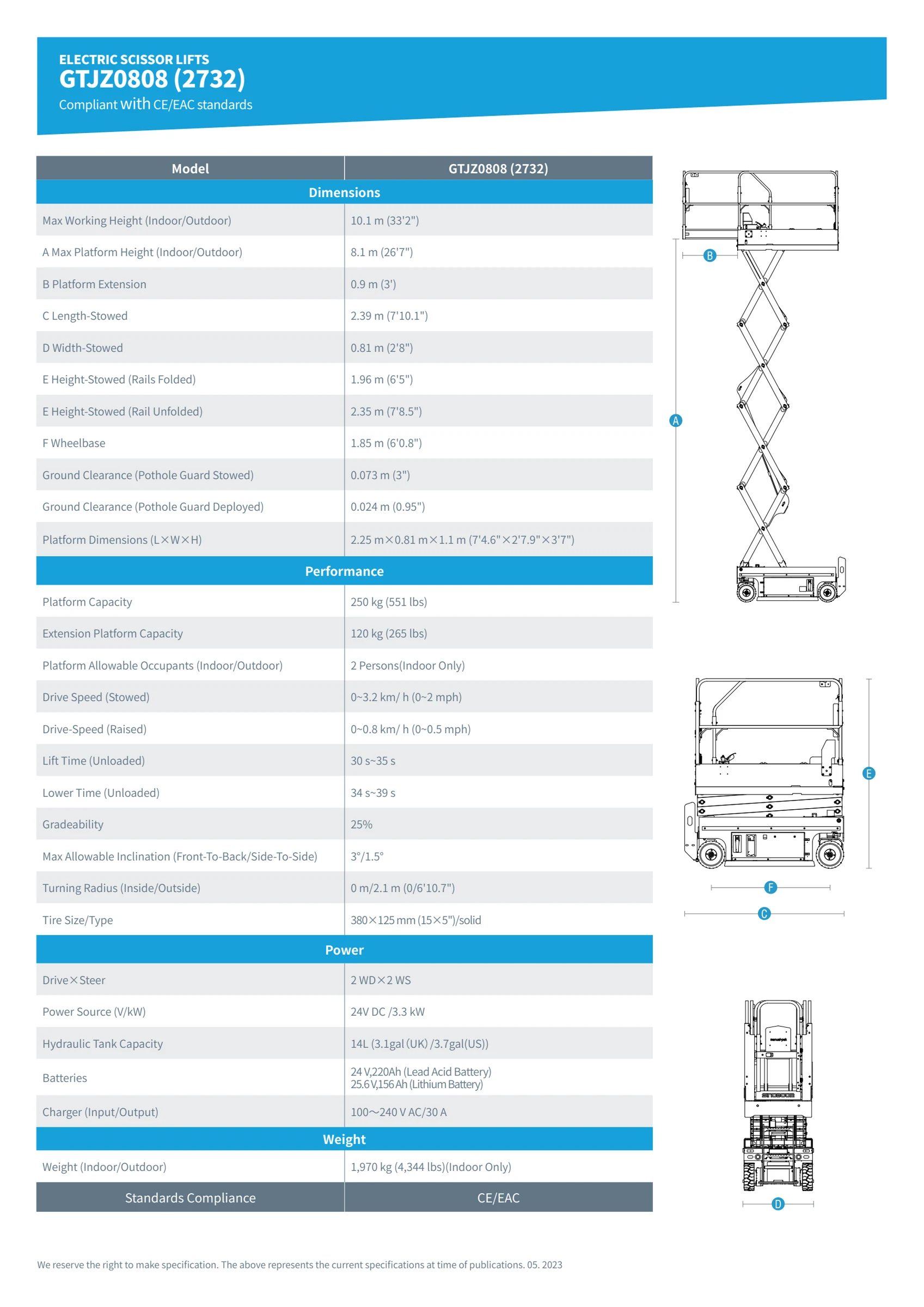 Sinoboom GTJZ0808 (2732) teknik ölçü çizimleri ve üretici özellik tabloları